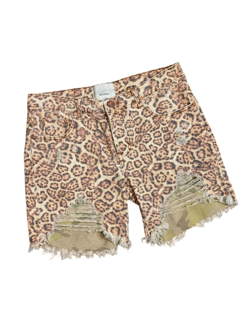 One Teaspoon Leopard Camo Denim Jeans Shorts Distressed Animal Print 28